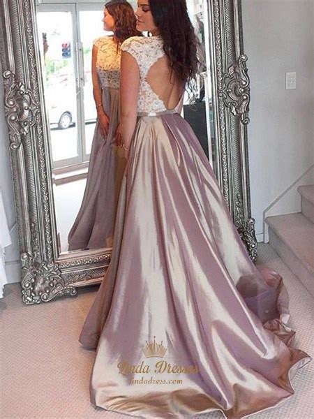 Lace Applique Bodice Long Backless Prom Dress With Cap Sleeves Linda