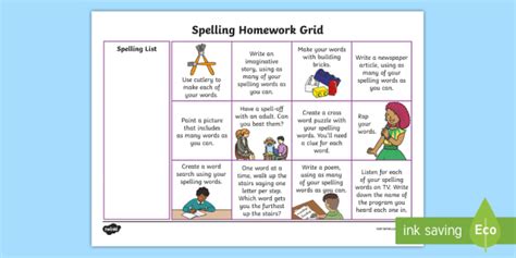 First Level Spelling Cfe Homework Grid