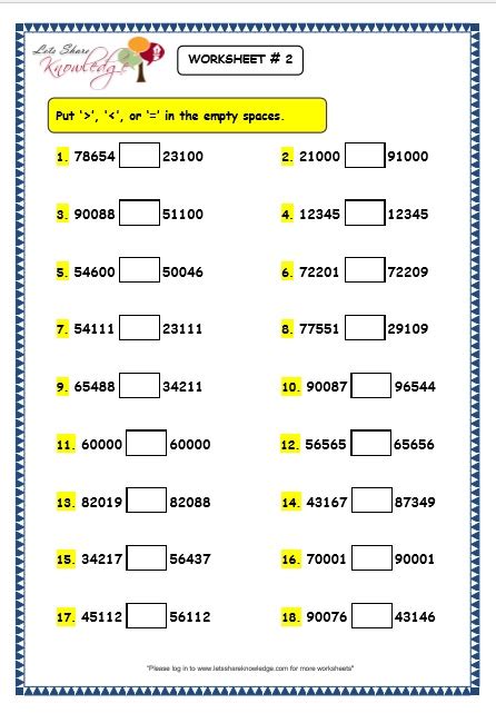 Comparing 5 Digit Numbers Worksheet