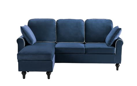 Blue Small Space Velvet Upholstered Sectional Sofa With Reversible
