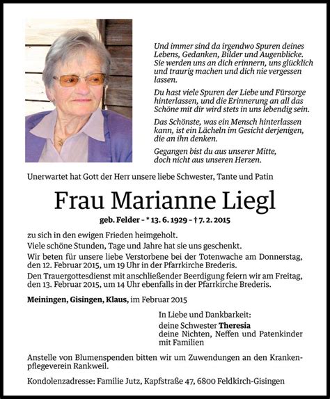 Todesanzeigen Von Marianne Liegl Todesanzeigen Vorarlberger Nachrichten
