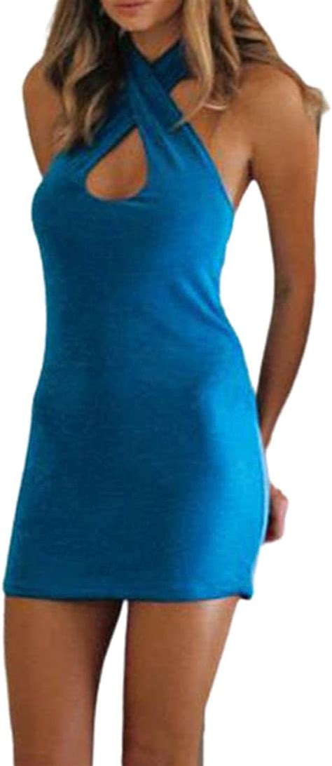 Womens Sexy Criss Cross Halter Dresses Y2k Fashion Bandage Wrap Solid Color Bodycon Mini Dress