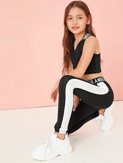 Shein Girls Letter Criss Cross Crop Top And Skinny Trousers Set Preteen