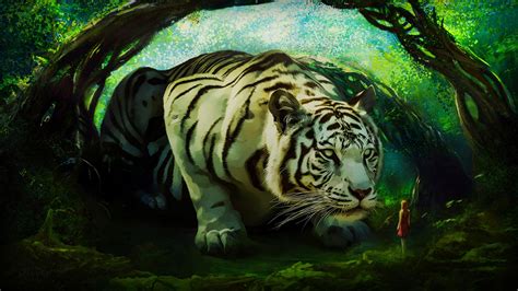 Wallpaper Digital Art Women Tiger Forest Giant Fantasy Art