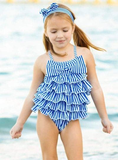 girls striped tiered ruffled one piece swimsuit with matching headband mia belle girls