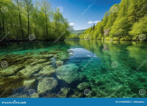 Crystal Clear Lake Surrounded By Lush Green Forest With Bright Blue