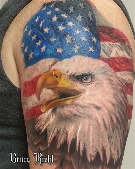 Eagle And Flag Tattoo On The Shoulder By Bruce Riehl Realistictattoo