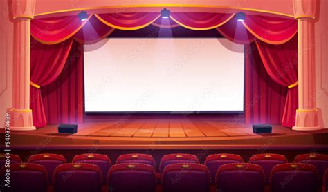 Movie Theater With White Screen Wooden Stage Red Curtains Spotlights