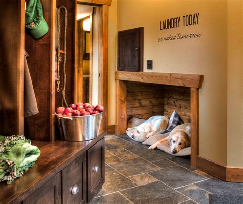 Pretty Elevated Dog Bed In Entry Rustic With Laundry Shoot
