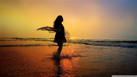 Wallpaper Sunlight Women Sunset Sea Reflection Silhouette Beach