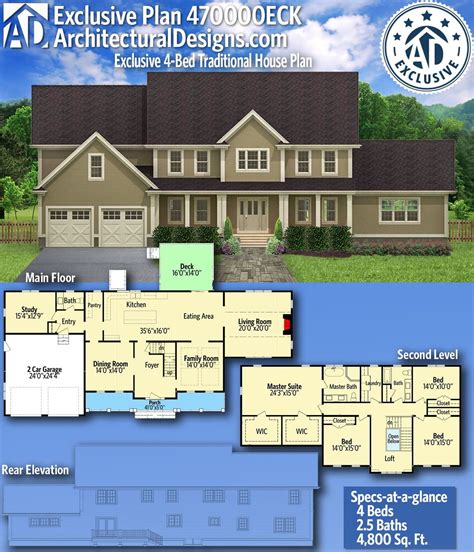 Plan 470000eck Exclusive 4 Bed Traditional House Plan With Second