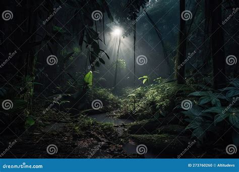 The Dark Rainforest At Night With Only The Glow Of The Moon Shining