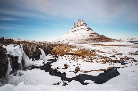 Kirkjufell Waterfall With Mountain In Winter At Iceland Stock Image