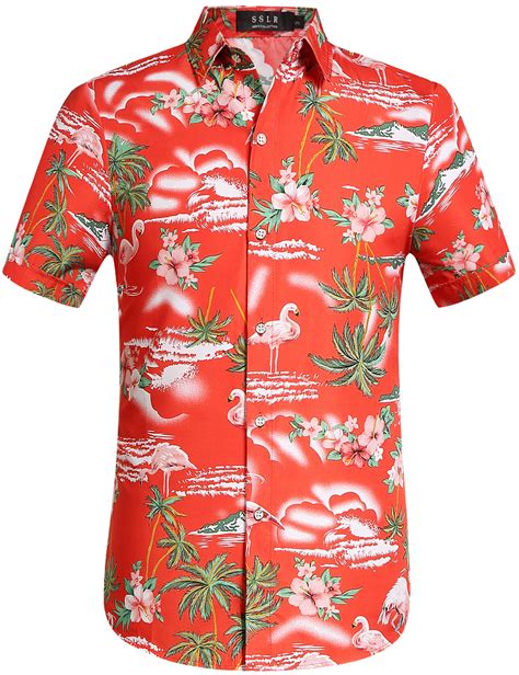 SSLR Hawaiian Shirt For Men Flamingo Short Sleeve Casual Button Down Shirts Summer Beach Shirt