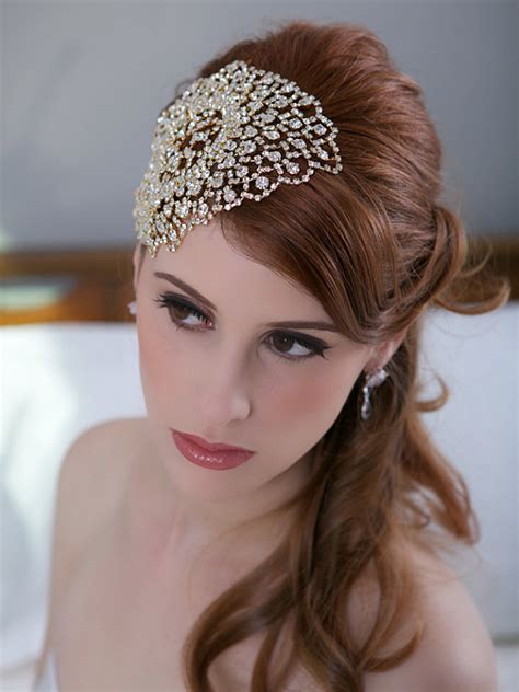 Gold Crystal Bridal Headpiece Art Deco Crystal Beaded Head Piece Rose