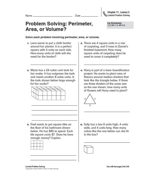 Problem Solving Perimeter Area Or Volume Worksheet For 4th 5th