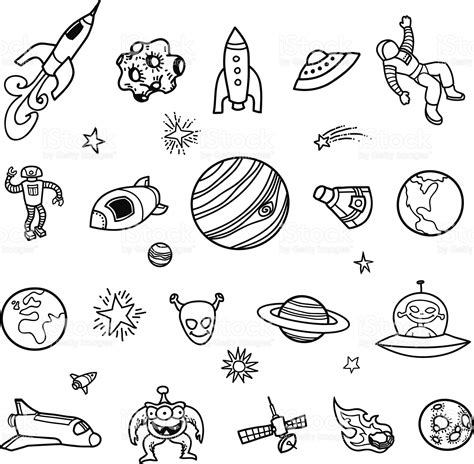 A Set Of Hand Drawn Unfilled Line Drawings Of Space Ships Planets