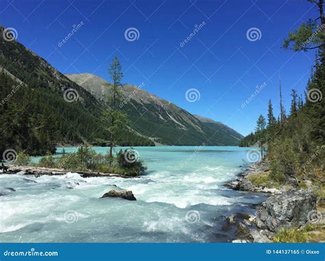 Beautiful Mountain River Flowing Into The Lake Blue Kucherla River In