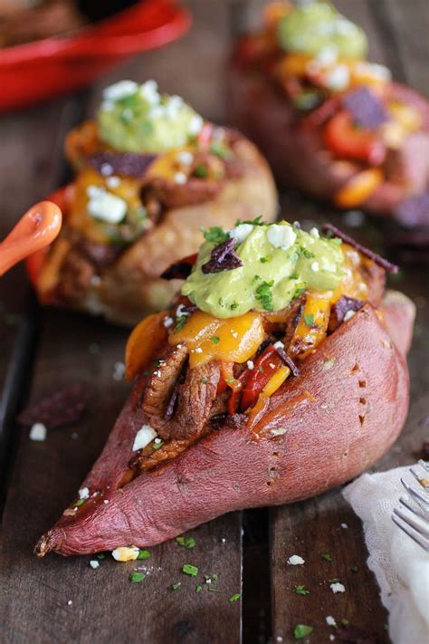 Add the red and green bell pepper, poblano pepper, and onion to the seasoned chicken. Steak Fajita Stuffed Baked Potatoes with Avocado Chipotle ...