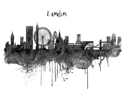 London Black And White Skyline Watercolor Painting By Marian Voicu Pixels