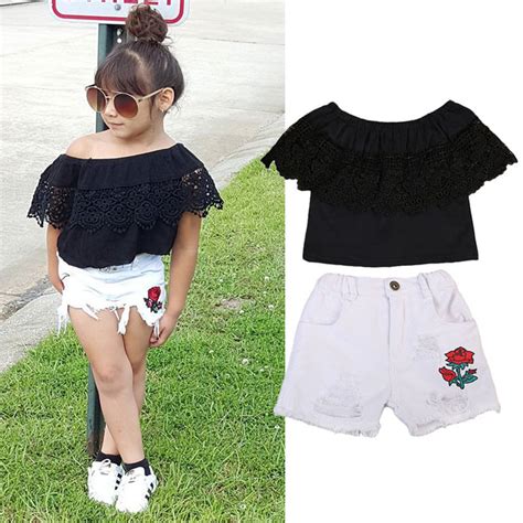 2pcs Kids Baby Girls Lace Floral Topripped Denim Shorts Outfits Little