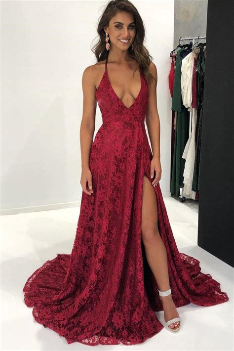 sexy lace deep v neck side slit a line long backless halter burgundy