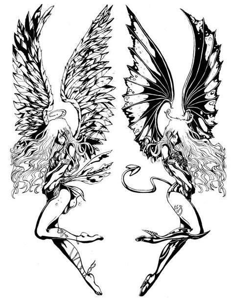 Half Angel Demon Drawings Sketch Coloring Page