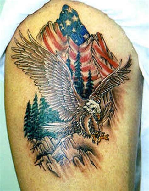 The american eagle tattoo is a great design for those who love the us. eagle-american-flag-mountains-tattoo-on-shoulder - Tattoos ...