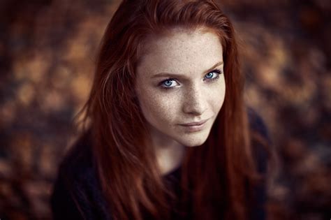 Wallpaper Face Women Redhead Model Depth Of Field Long Hair Blue Eyes Freckles Fashion