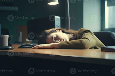 Ai Generative Bored At Office Work Funny Sleepy Woman Worker Resting On