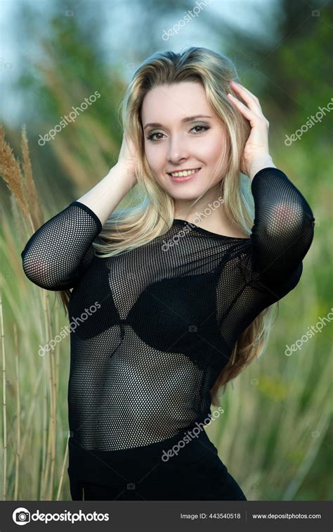 Beautiful Sexy Blonde Girl Black Blouse Posing Reeds Stock Photo By