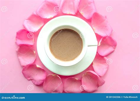 Coffee Cup And Rose Petals On Pink Background Stock Photo Image Of