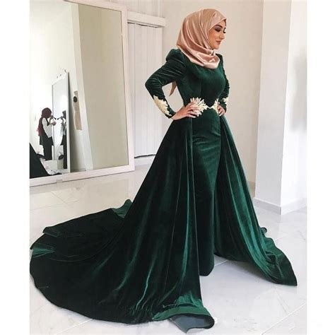 green muslim evening dresses 2019 mermaid long sleeves velvet lace islamic dubai saudi arabic