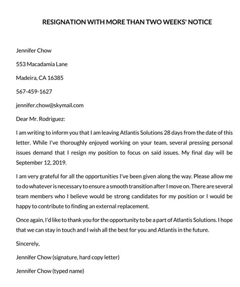 Resignation Letter Template Month Notice