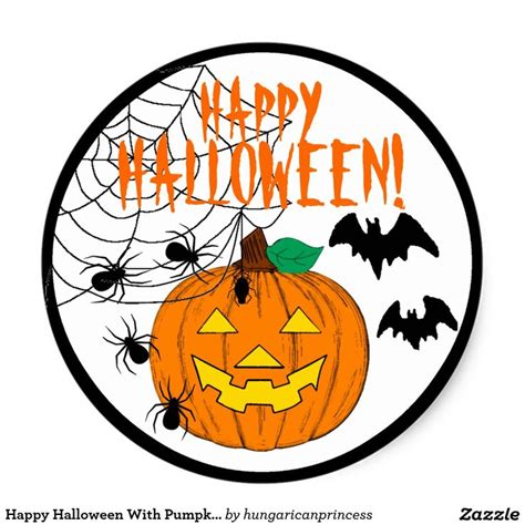 Happy Halloween With Pumpkin Spiders And Bats Classic Round Sticker