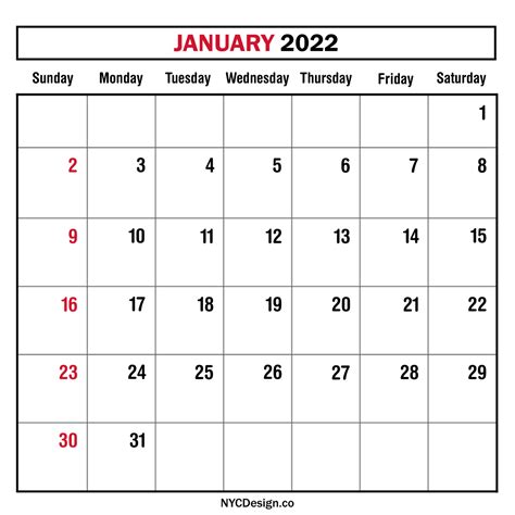 January 2022 Monthly Calendar Planner Printable Free Sunday Start