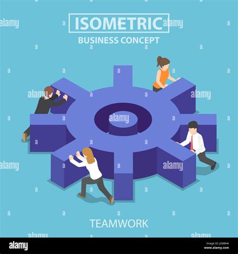 Flat 3d Isometric Business Team Pushing A Big Cogwheel Teamwork