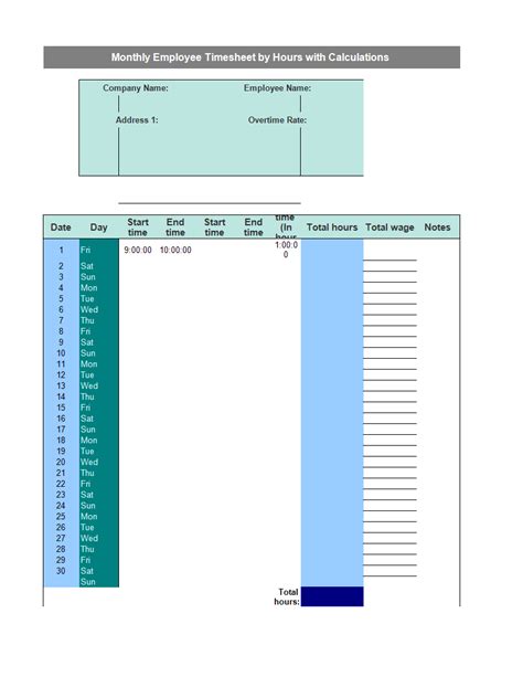 Monthly Employee Timesheet By Hours With Calculations Template