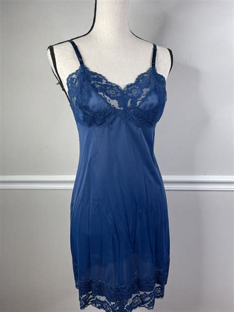 Vintage Full Slip Lace Navy Blue Nylon Usa By Lorraine Lingerie Pin Up