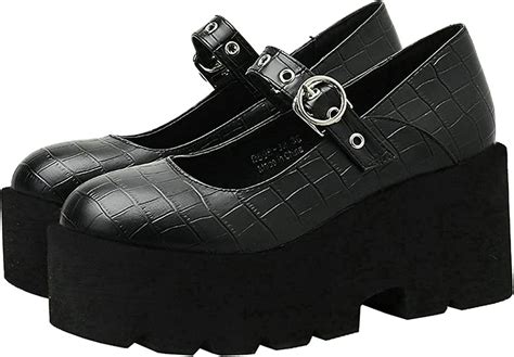 Mavmax Womens Goth Mary Jane Shoes Buckle Platform Chunky High Heel