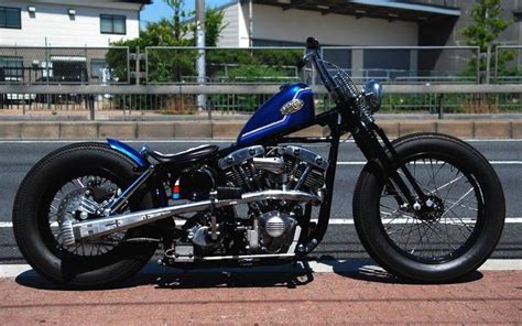 Blue Strutted Springer Shovelhead Custom Bobber Motorcycle Harley