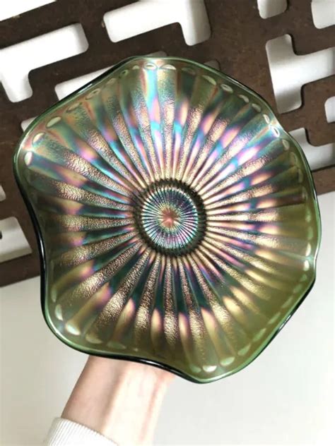 Antique Fenton Stippled Rays Carnival Glass 8 Ruffled Bowl Iridescent Green Mcm 38 00 Picclick