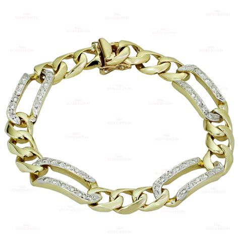 Classic Diamond 14k Yellow Gold Mens Figaro Link Bracelet M