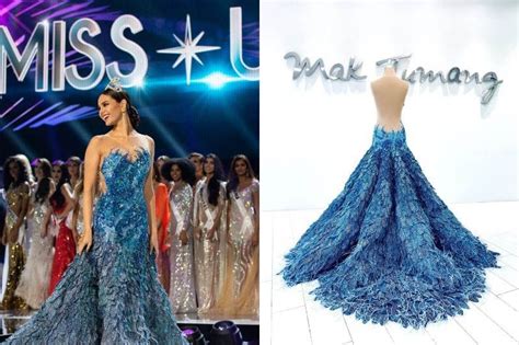 Catriona gray, miss philippines 2018 competes on stage in her evening gown during the miss catriona gray wears mak tumang's 'ibon adarna' inspired gown during the preliminary competition. 'Reflection': Designer explains concept behind Catriona ...