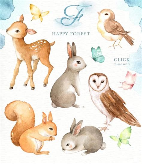 Happy Forest Watercolor Clip Artwoodland Animals Kids Clipartboho