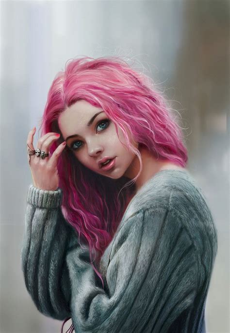 pink hair noveland sayson digital art girl pink hair realistic drawings