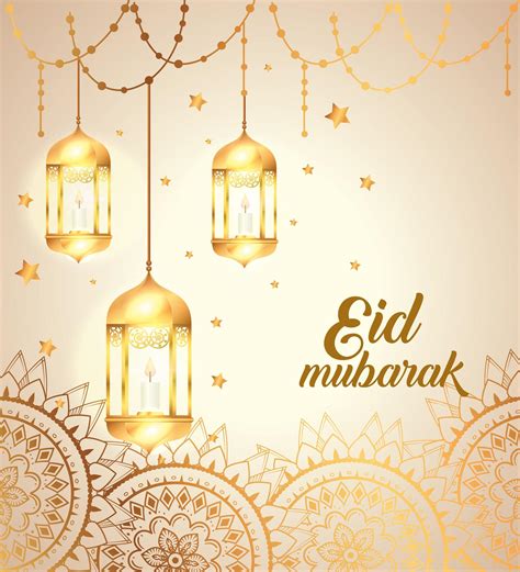 Eid Mubarak Poster With Lanterns Hanging And Mandalas 1997931 Vector