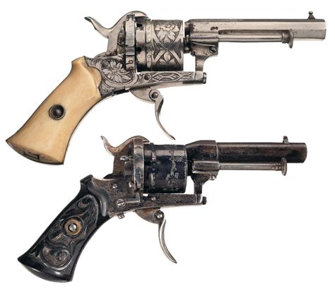 Attractive Pair Of Two Engraved European Pinfire Revolvers Rock
