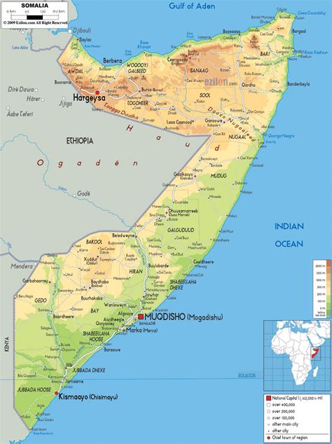 Большая физическая карта Сомали с дорогами городами и аэропортами