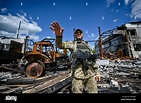 HULIAIPOLE, UKRAINE - MAY 20, 2022 - A Ukrainian serviceman stays on ...